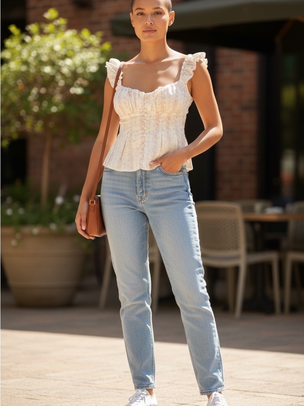 Angelique's Atelier Cream Ruffled Floral Peplum Top